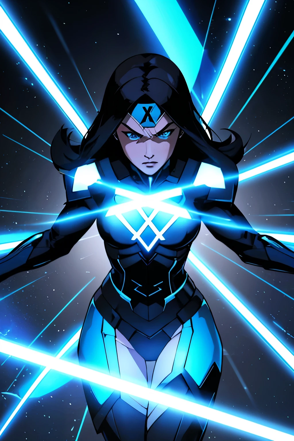 Multiplier wears a black costume with blue details and a symbol that represents a "X" surrounded by several smaller copies of it "X", symbolizing your powers of multiplication.