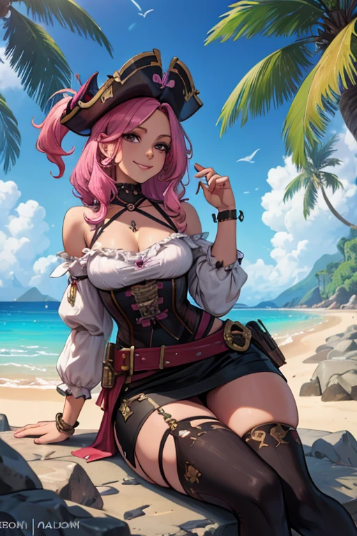 A pink haired female pirate with violet eyes with an hourglass figure in a pirate outfit is sitting on a rock with a smile on a tropical island