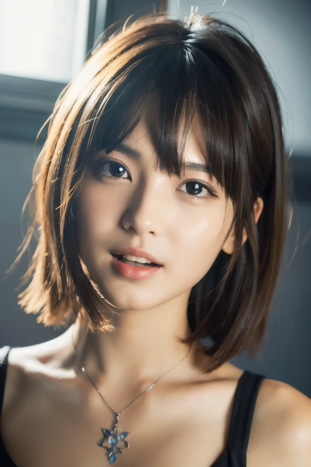 Perfect teeth alignment，I can see the tongue，Rembrandt Lighting, (Photorealistic:1.2), (highest quality), (Detailed skin:1.3), (Intricate details), Ray Tracing,One girl, In detail,real， One Girl， Very beautiful face and eyes，Short Hair, 顔front, (Intricate details), dramatic, Ray Tracing, 顔front, Scattered beneath the surface,(blush:0.5), front, bangs, Hair between the eyes, One girl, Cute Japanese Girl,Detailed skin texture, Bare skin above the collarbone, Shoulder Bare Skin, masterpiece, highest quality, High resolution, View your viewers、Idols,
