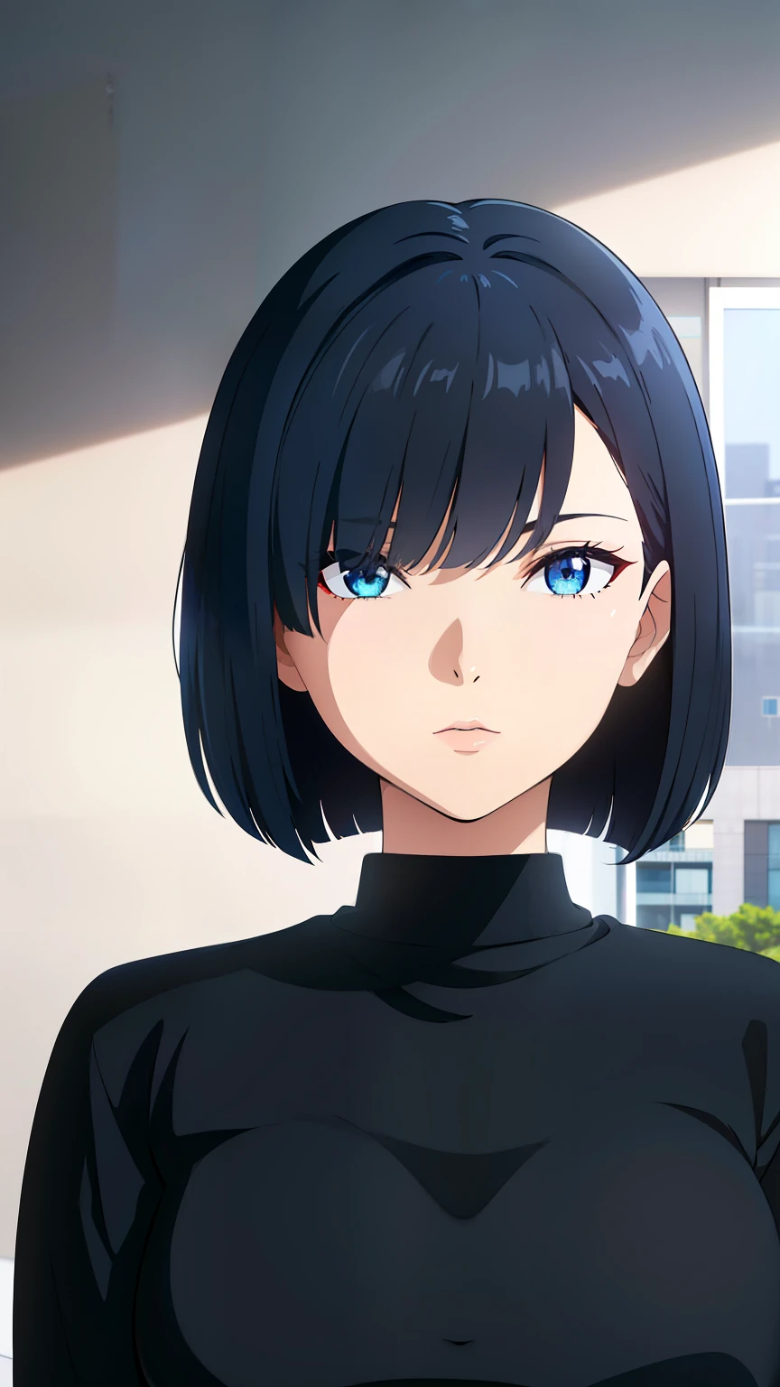 (best quality:1.5, highres, UHD, 4K, detailed lighting, shaders), black hair, bob cut, hair covering one eye, cool woman, cool girl, sharp eyes, blue eyes, beautiful, bedroom background, casual clothes, (pov, close shot)