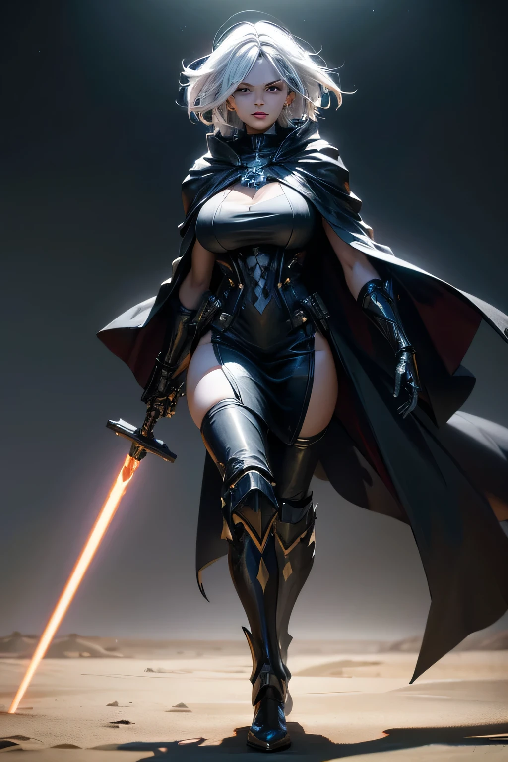 a woman with big breasts, beutiful face, dressed in a black robe and white hair, walking in the middle of the desert carrying double lightsabers, highly detailed, masterpiece,4k,8k, ultra-detailed, photorealistic, photo-realistic, vivid colors, dramatic lighting, cinematic, award winning, concept art, digital painting, fantasy, sci-fi, dramatic pose, dynamic composition