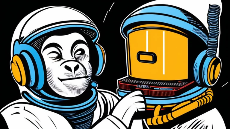 Old school style art of a monkey dressed as an astronaut with his helmet visor open riding a skateboard and doing tricks with a Walkman on his waist and headphones in his ears, in outer space with some planets in the background