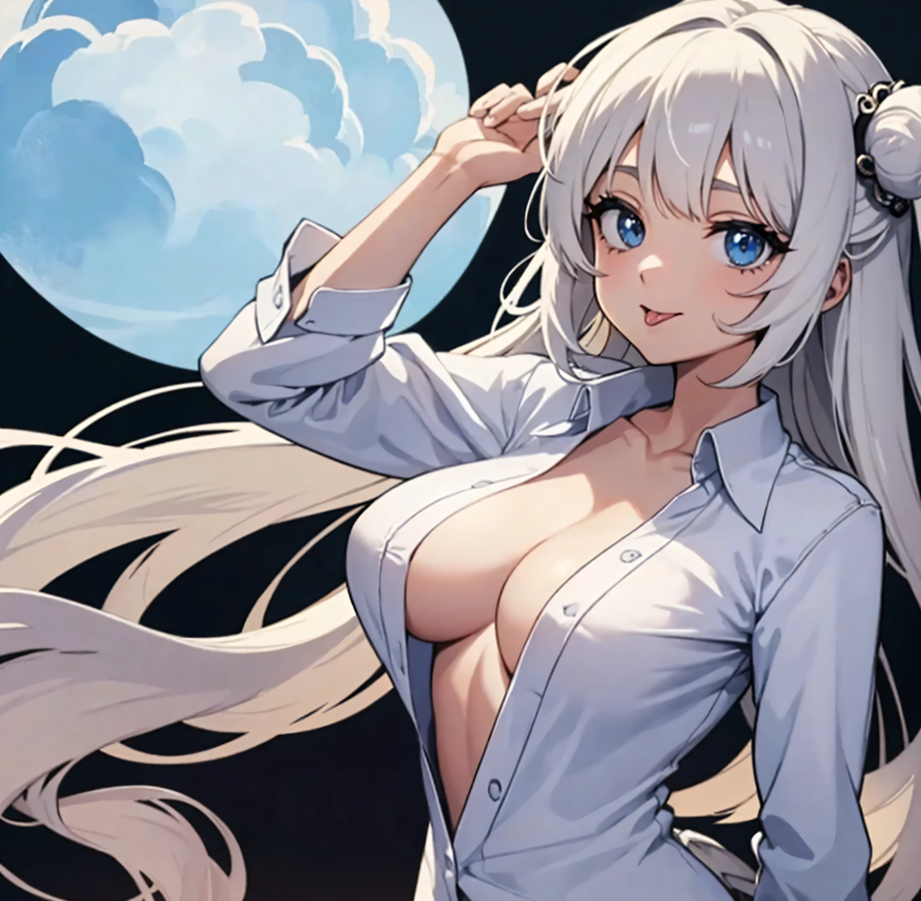 Garota de anime cabelo branco, pele clara, olhos cinzas, orelhas de gato, tongue out, looking at the camera, camisa branca transparente, corpo sexy, seios quase para fora, Camisa transparente ultra-detalhado)), alto detalhe, alta qualidade, 4k, melhor qualidade, high resolution