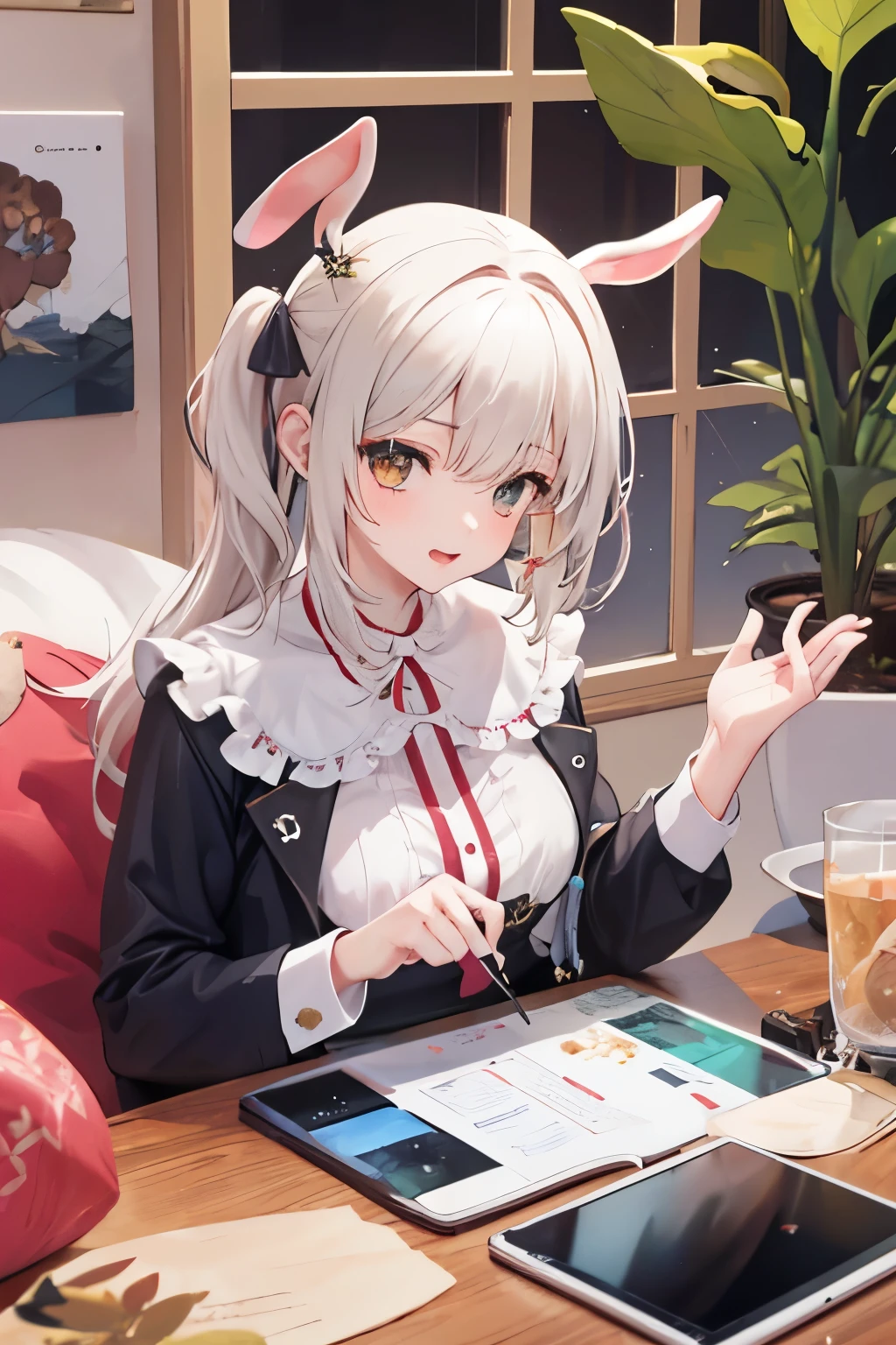 a girl,Cabello blanco,con Orejas de conejo,Tiene una tablet