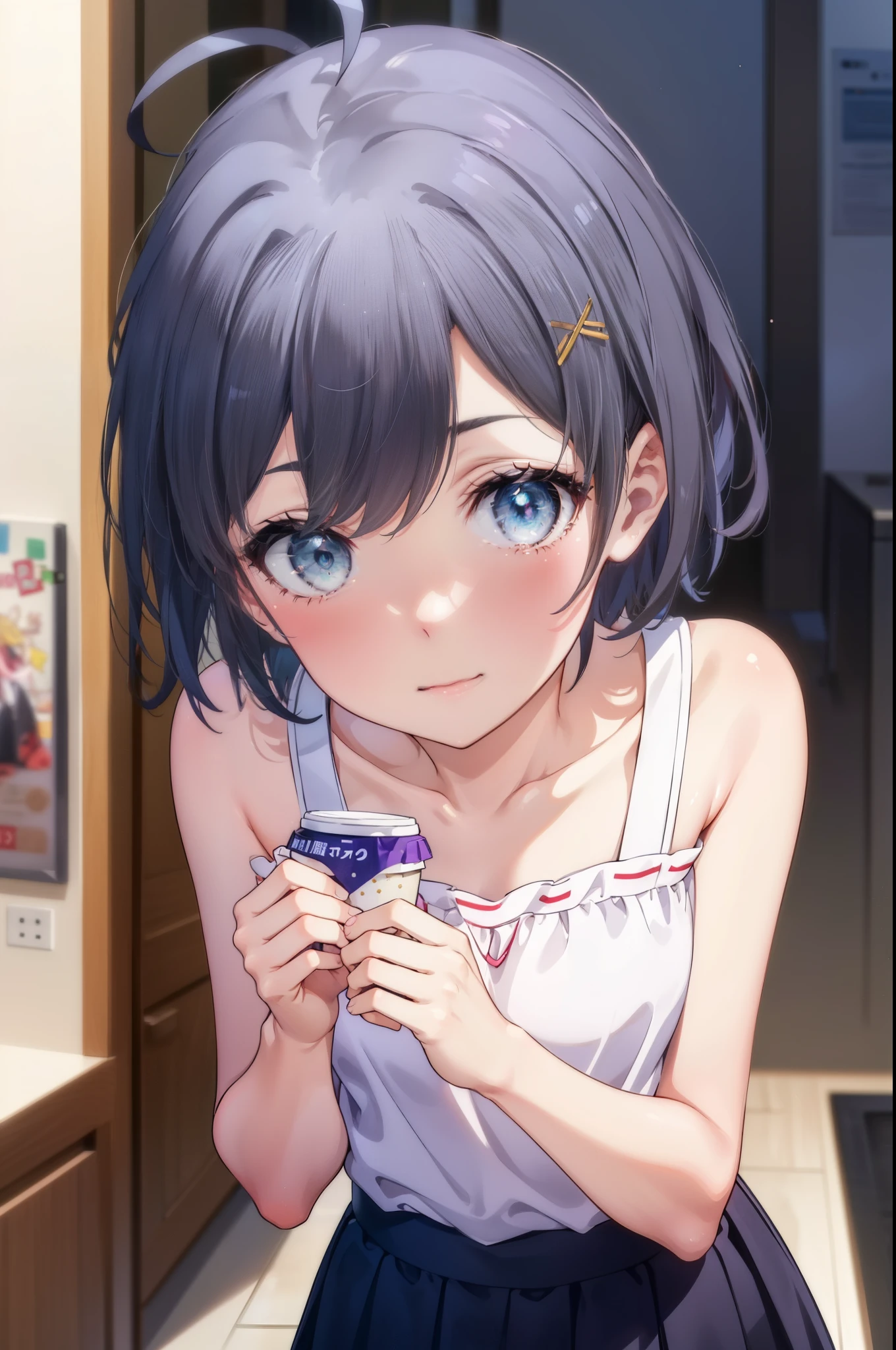 komachihikigaya, komachi hikigaya, short hair, Black Hair, hair ornaments, Ahoge, Hair Clip, x hair ornaments, (Purple eyes:1.1), tooth, smile, Open your mouth, blush,Embarrassing,hair ornaments,Long Hair,Short braided hair, 星 hair ornaments,彼女はメイドのロングskirtを着ていました,Exposing shoulders,Bare Chest, White stockings on her feet, ロングskirtを両手で持ち上げる,skirt, skirt lift, Lift it yourself,
break indoors, coffee shop,
break (masterpiece:1.2), highest quality, High resolution, unity 8k wallpaper, (shape:0.8), (Beautiful and beautiful eyes:1.6), Highly detailed face, Perfect lighting, Highly detailed CG, (Perfect hands, Perfect Anatomy),