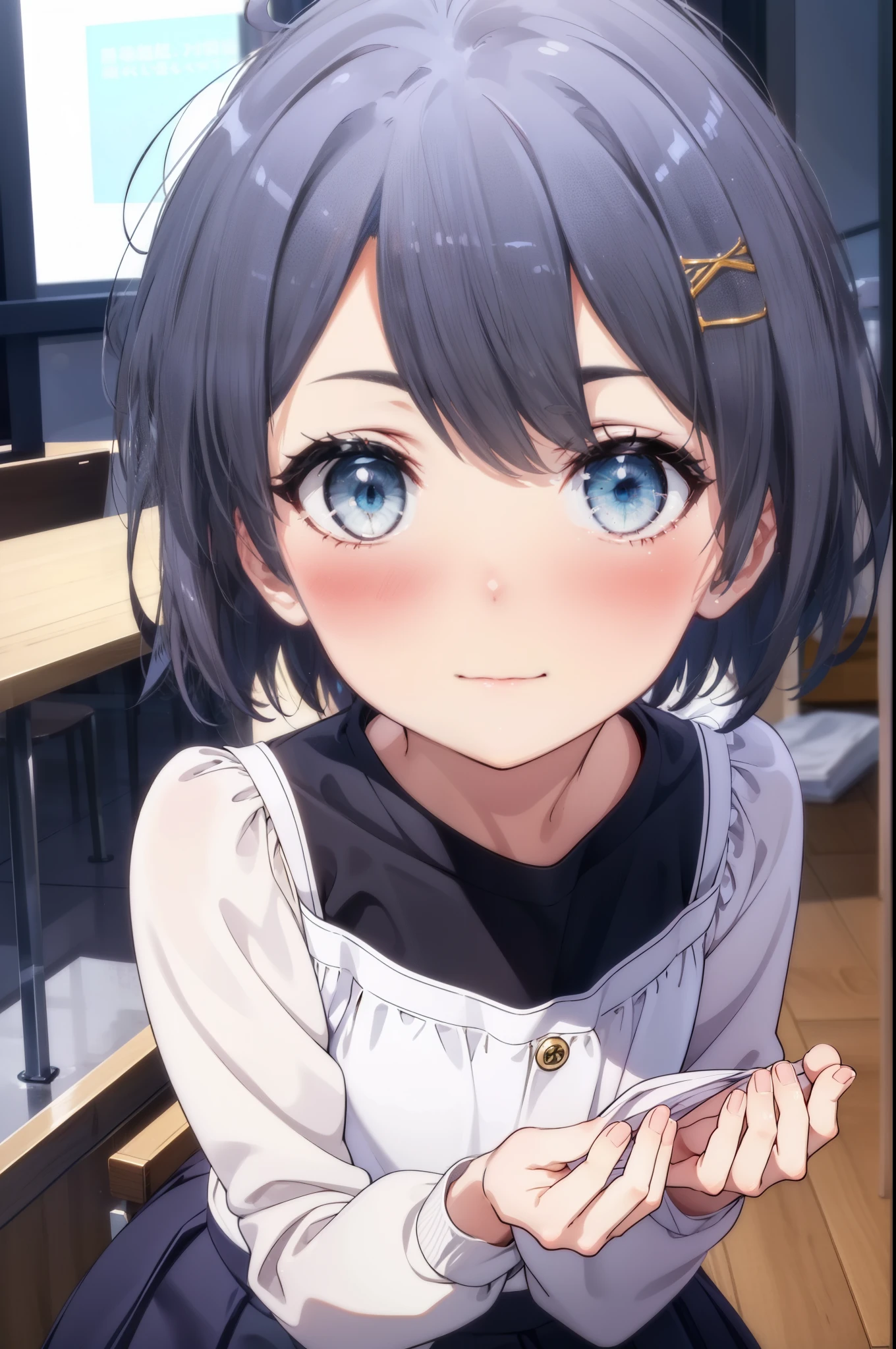 komachihikigaya, komachi hikigaya, short hair, Black Hair, hair ornaments, Ahoge, Hair Clip, x hair ornaments, (Purple eyes:1.1), tooth, smile, Open your mouth, blush,Embarrassing,hair ornaments,Long Hair,Short braided hair, 星 hair ornaments,彼女はメイドのロングskirtを着ていました,Exposing shoulders,Bare Chest, White stockings on her feet, ロングskirtを両手で持ち上げる,skirt, skirt lift, Lift it yourself,
break indoors, coffee shop,
break (masterpiece:1.2), highest quality, High resolution, unity 8k wallpaper, (shape:0.8), (Beautiful and beautiful eyes:1.6), Highly detailed face, Perfect lighting, Highly detailed CG, (Perfect hands, Perfect Anatomy),