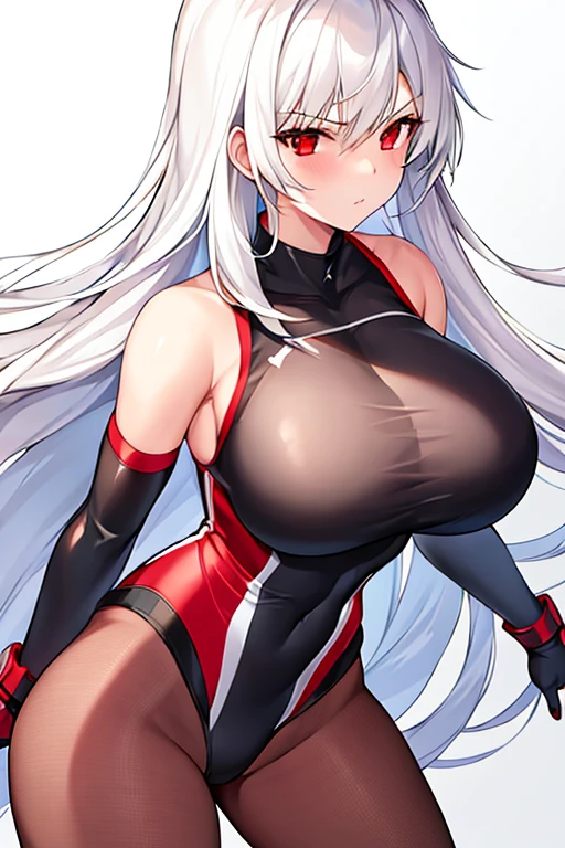 1girl, white hair, long hair, red eyes, serious, glowing eyes, large breasts, mature female, athletic female, toned, leotard, black leotard,