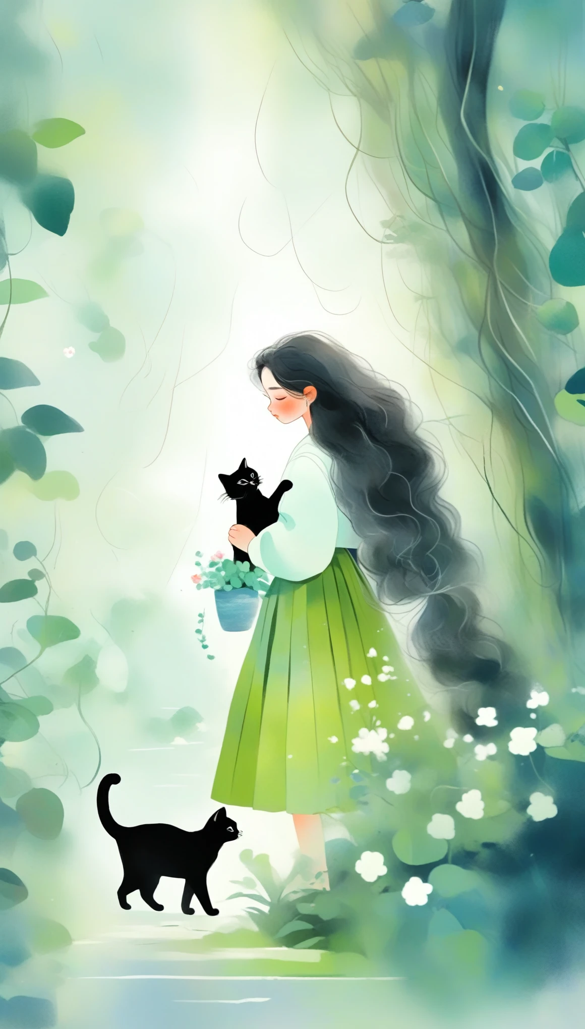 1 Girl, Solitary, long_hair, Black_hair, long_sleeve, skirt, Keep, permanent, close_Eye, flower, artist_Name, signature, from_side, English_letter, Tree, contour, animal, Watermark, Wavy_hair, flower的_Print, Cat, plant, , nature, Internet_adskirt, forest, curly_hair, green_skirt, vine