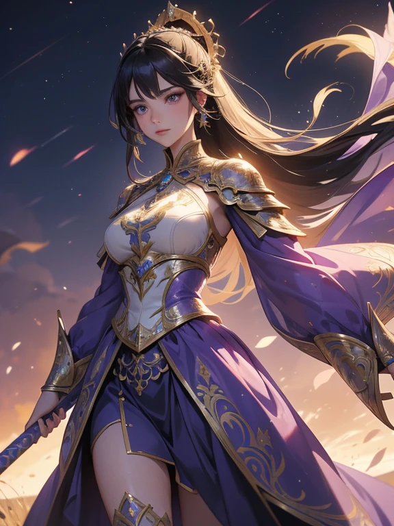 A majestic artwork of a graceful female paladin standing in a grand, medieval landscape. The full-body view reveals her adorned in exquisitely designed armor that combines elegance and strength in perfect harmony. Her armor is crafted from gleaming silver, intricately engraved with swirling patterns and symbols of protection and valor. The breastplate is adorned with delicate filigree and gem inlays, while her gauntlets and greaves feature fine, detailed etchings that catch the light with every movement. Over her shoulders, she wears an ornate cape that flows gracefully behind her, its deep purple hue contrasting beautifully with the silver of her armor.
Her long black hair is tied in a sleek ponytail, cascading down her back and adding to her regal appearance. Her eyes, a striking shade of amethyst purple, are filled with resolve and determination, exuding an aura of both beauty and strength. Her facial features are delicate yet strong, with high cheekbones and a serene expression that commands respect and admiration.
She carries a beautifully crafted shield, its surface embossed with intricate heraldic symbols and protective runes. The shield’s edges are reinforced with gold trim, adding an extra layer of elegance and durability. In her other hand, she wields a formidable mace, its head adorned with intricate engravings and inlaid with gemstones that shimmer with a soft light. The mace's design is both functional and artistic, symbolizing her role as both a warrior and a guardian.
The background features a sprawling castle with tall spires, set against a sky painted in hues of dawn, with the first light of day breaking through. Rolling hills and lush meadows stretch out before her, with a serene river winding through the landscape. Birds take flight in the early morning light, and the air is filled with a sense of peace and anticipation for the day's duties.
The paladin stands poised and ready, embodying both grace and power, a guardian of the land and a beaco