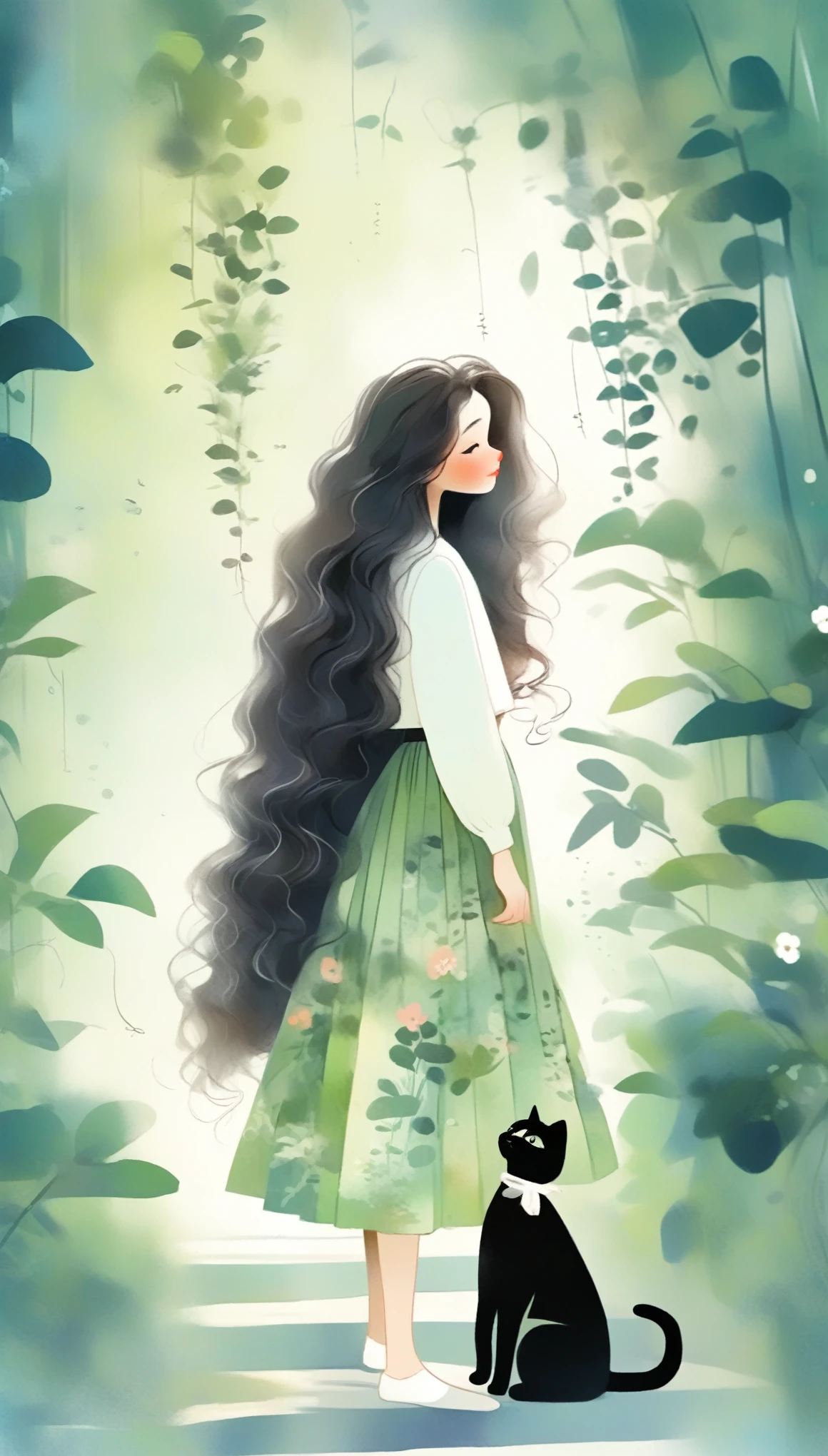A close up of a woman with long hair standing next to a cat - SeaArt AI
