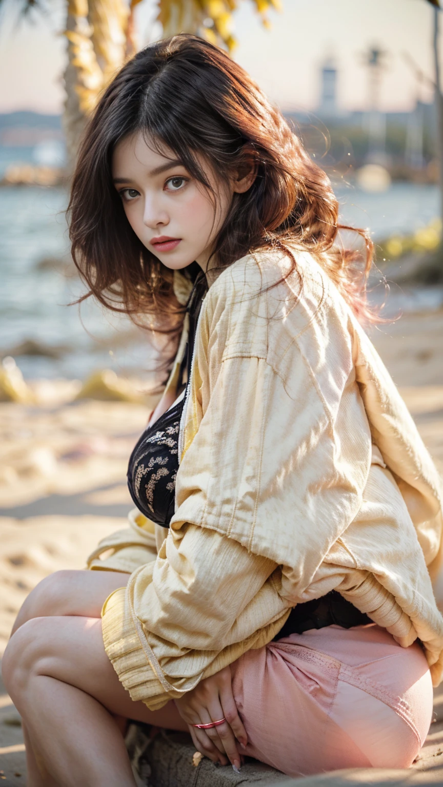 Beautiful girl sitting on the beach, aesthetic vibes, pink foto filter, aesthetic beach, lofi, long hair, gold hair, sad emotion, (black bra:1.5), (soft thin white jacket), (big ass)