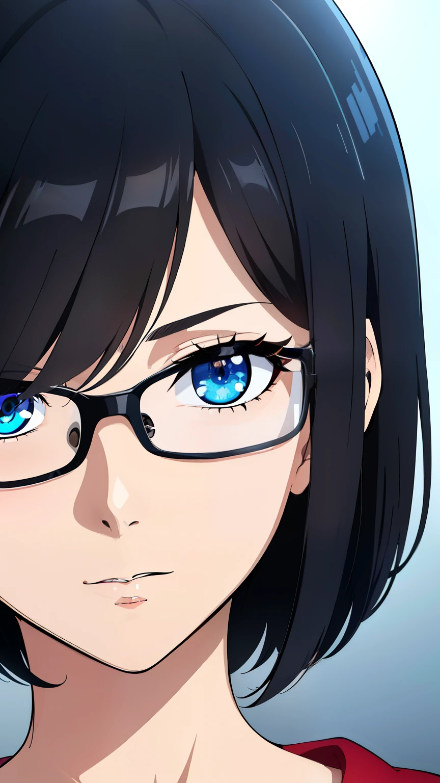 (best quality:1.5, highres, UHD, 4K, detailed lighting, shaders), black hair, bob cut, hair covering one eye, cool woman, cool girl, sharp eyes, blue eyes, beautiful, bedroom background, casual clothes, (pov, close shot), with glasses