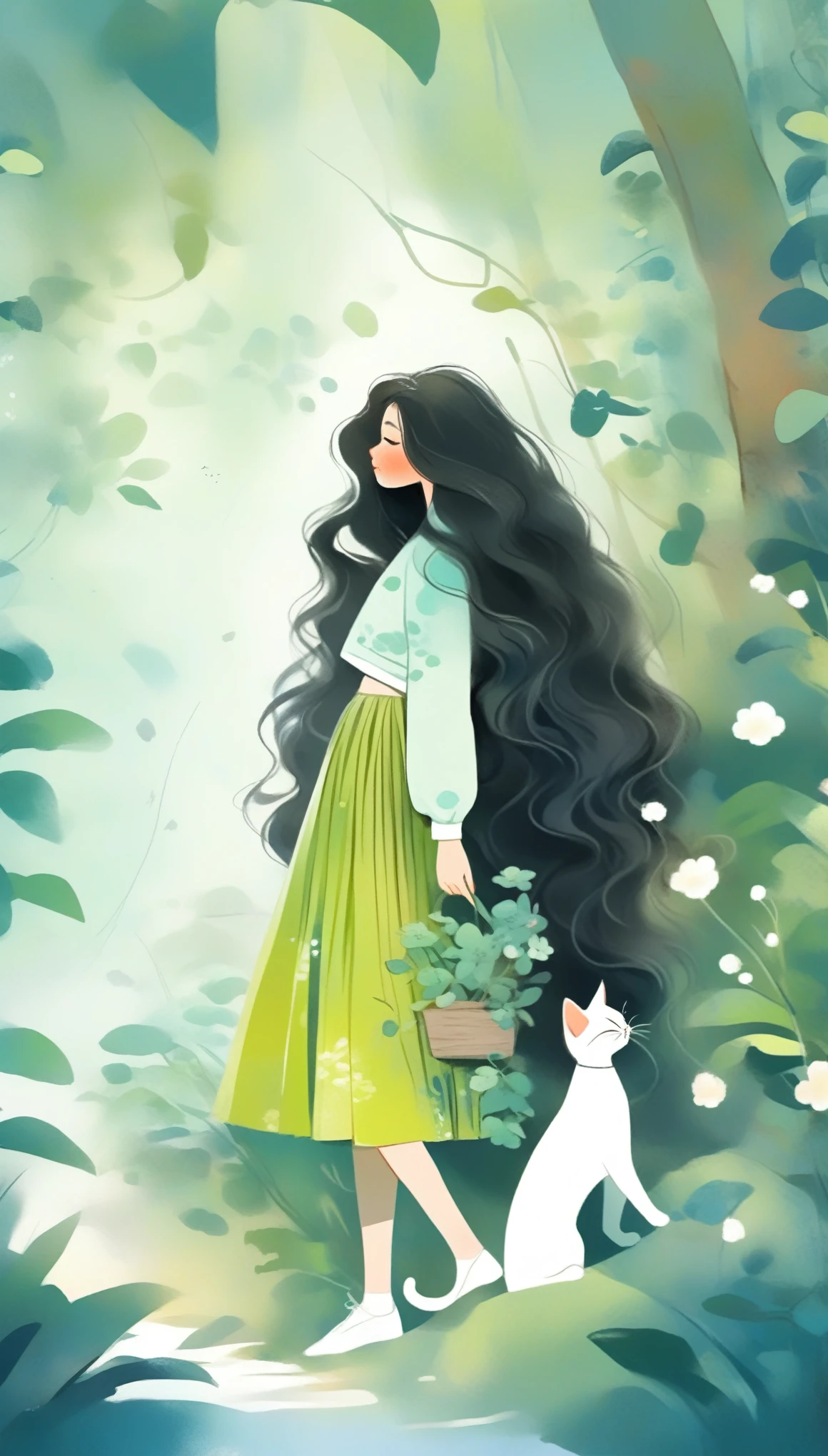 1 Girl, Solitary, long_hair, Black_hair, long_sleeve, skirt, Keep, permanent, close_Eye, flower, artist_Name, signature, from_side, English_letter, Tree, contour, animal, Watermark, Wavy_hair, flower的_Print, Cat, plant, , nature, Internet_adskirt, forest, curly_hair, green_skirt, vine