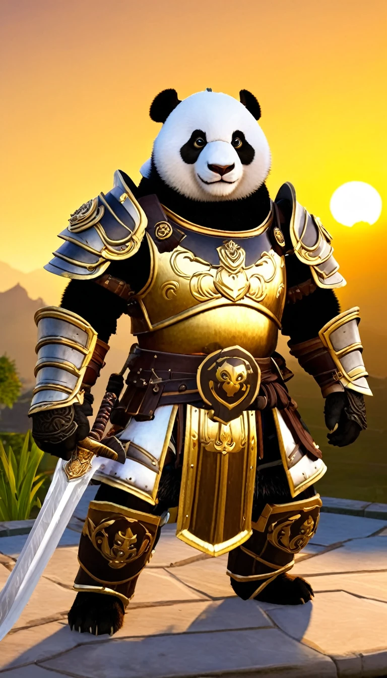 pandaren, pandaren paladin, paladin outfit, a panda bear dressed in armor holding a sword, gold and black steel armor, heavy armor, sun backdrop, sun setting, holding a sword, holding a shield