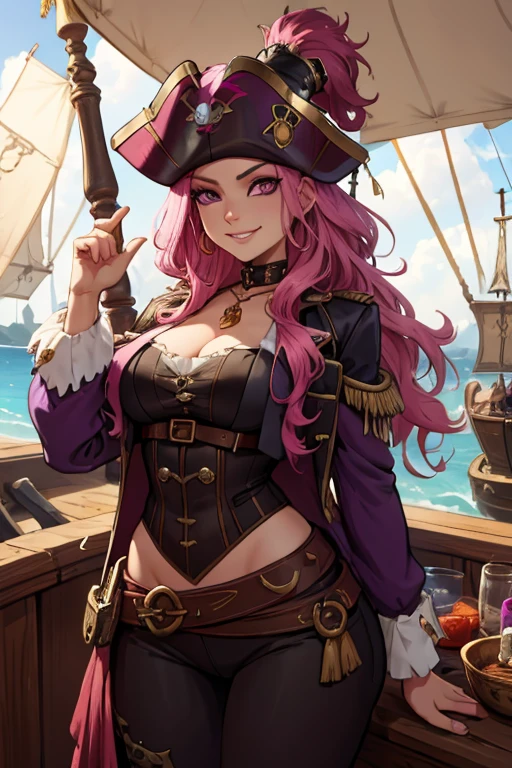 A pink haired female pirate with violet eyes with an hourglass figure in a pirate outfit is grinning with a  gold coin in her hand on a pirate ship