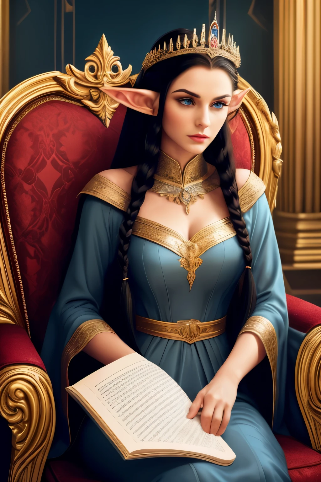 Artwork, best quality, 1 female elf, 1 woman, long black hair in braids, royal tiara on head, (Elf Queen), blue eyes, huge bust, looking at viewer, disapproving look, royal hall, Alone, Beautiful 25 year old elf wearing queen's attire, sitting in an armchair reading a book, expressive scene