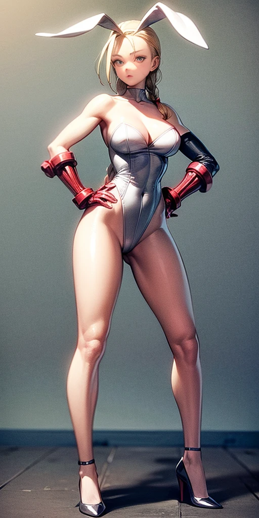 ((plain background)) Cammy White Street Fighter full body of a woman feet together, standing feet together, hands on hips red gloves gauntlets, (Masterpiece, plain background:1.2) 1sologirl standing straightforward symmetrical wearing whitish playboy bunny outfit, whitish high heels 👠 whitish hair, whitish stockings, whitish sleeves, whitish fluffy bunny ears, 😍 👌 😀 ✨️ ♥️ ❤️pupils eyes symbol