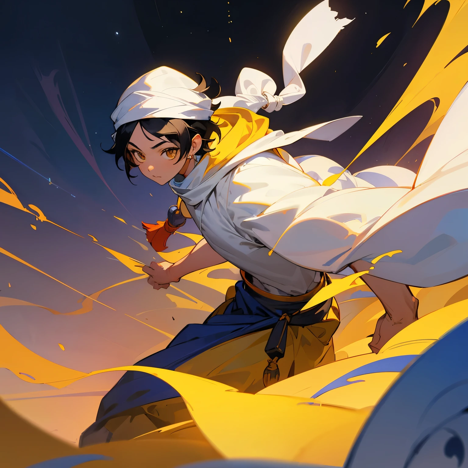 Aladdin、boy, Yellow Eyes, 10 years old Black hair,White skin,Arabian white turban,Dynamic Angle,highest quality, highest quality, High-quality illustrations, masterpiece, Ultra-high resolution, Detailed Background, Detailed Background, Observe the audience