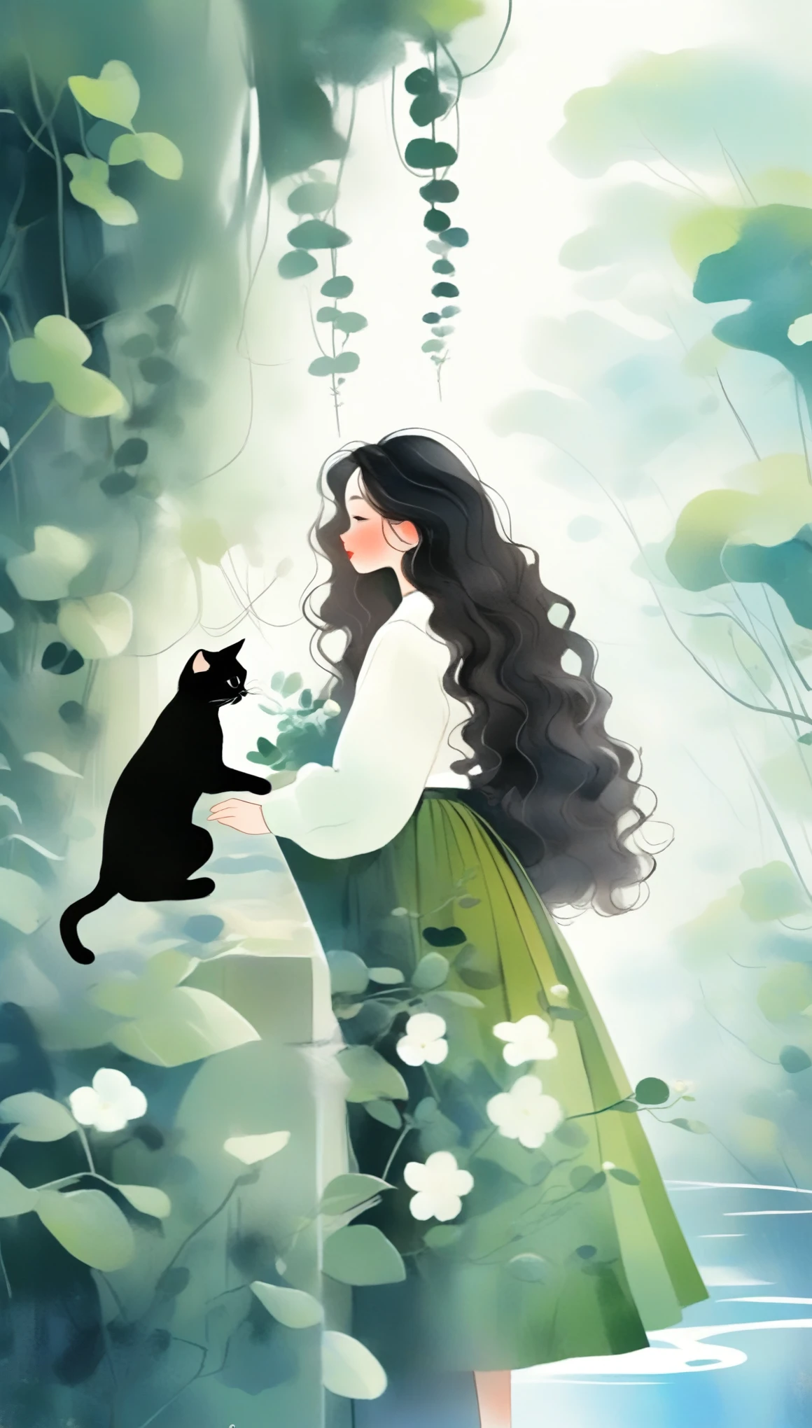1 Girl, Solitary, long_hair, Black_hair, long_sleeve, skirt, Keep, permanent, close_Eye, flower, artist_Name, signature, from_side, English_letter, Tree, contour, animal, Watermark, Wavy_hair, flower的_Print, Cat, plant, , nature, Internet_adskirt, forest, curly_hair, green_skirt, vine