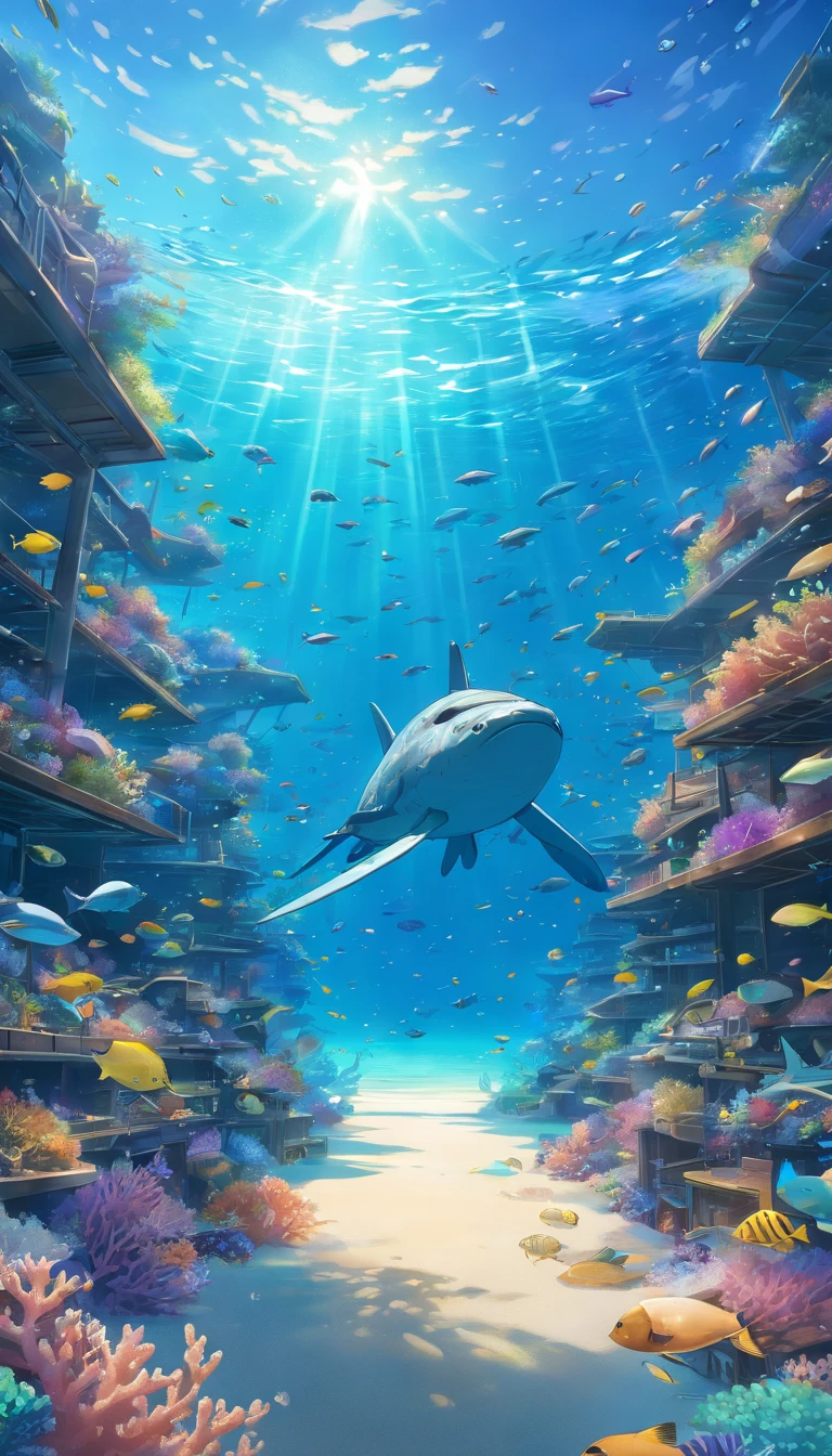 (deep-sea creatures, ship navigating, plastic-burdened beach), (best quality, 4k, highres), ultra-detailed, (photorealistic:1.37), vivid colors, HDR, underwater scene, sparkling bioluminescence, exotic marine species, ancient shipwreck, clear blue water, sunrays penetrating the ocean surface, dramatic lighting, realistic reflections, intricate coral reefs, schools of colorful fish, swirling currents, plastic debris floating, distressed sea turtles, polluted shoreline, distant horizon, gloomy atmosphere