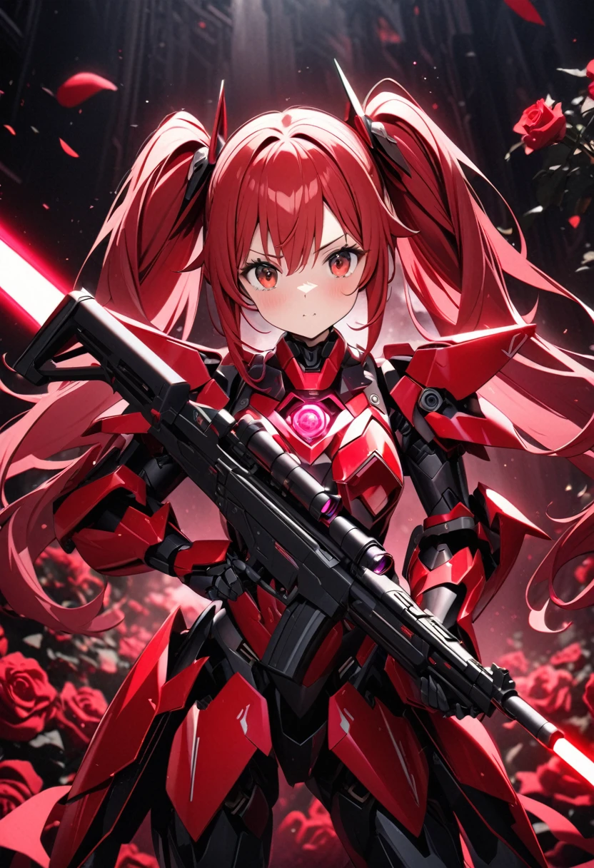 a high quality 8k photo of a 1 girl robot with red hair in twin tails, red eyes, wearing flashy robot armor, holding a laser rifle in both hands with a laser beam emitting from it, in a background with many red roses