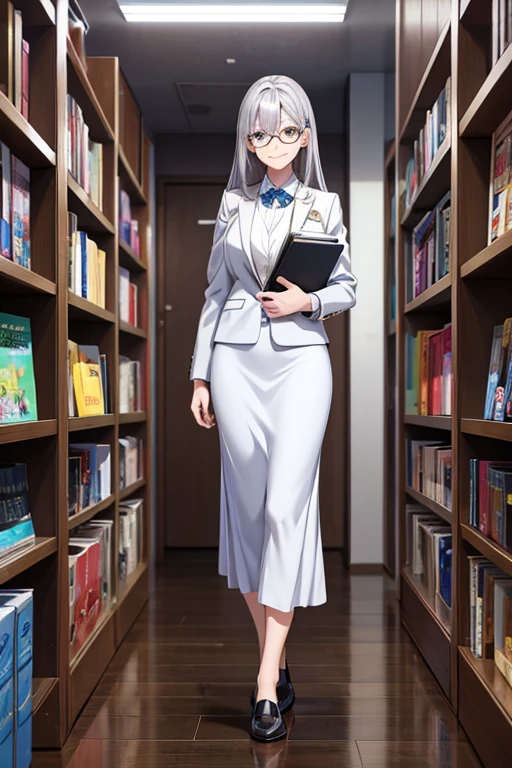 Anime drawings、Full body portrait、Space SF Teacher、A female teacher around 45 years old, about 175cm tall, wearing a silver jacket and a silver long skirt turns around、Smiling、Hairstyle is semi-long straight、Silver Hair、loafers、Glasses、There are many books flying around