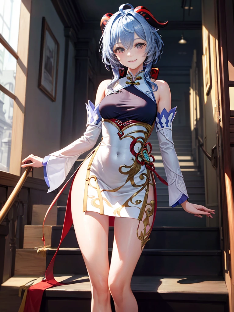 high school classroom, seductive, sexy pose, ganyudef, smile, blush, exteriors, In the daytime, simple background, short detailed hair, Sky-sky, looking at viewers, stairways, mont, moody light，high-definition picture quality, Charming, smiling expression, Be red in the face, White cheongsam, Bare legged, middle rounded breast, fashion model posing, (Masterpiece, Best quality:1.4), professional artwork, intricate details, sharp focus, detail painting, photorealistic, trending on pixiv, realistic shadow, showing a delicate slim figure and graceful curves, (beautiful long legs:1.3),