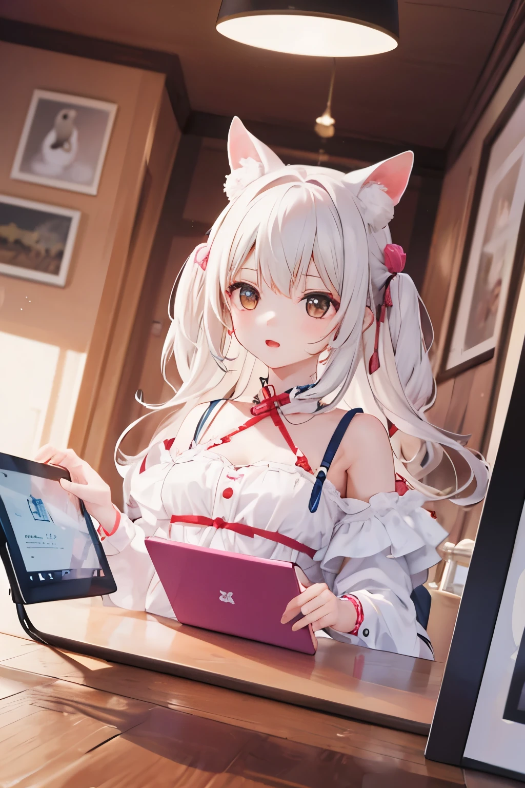 a girl,Cabello blanco,con Orejas de conejo,Tiene una tablet