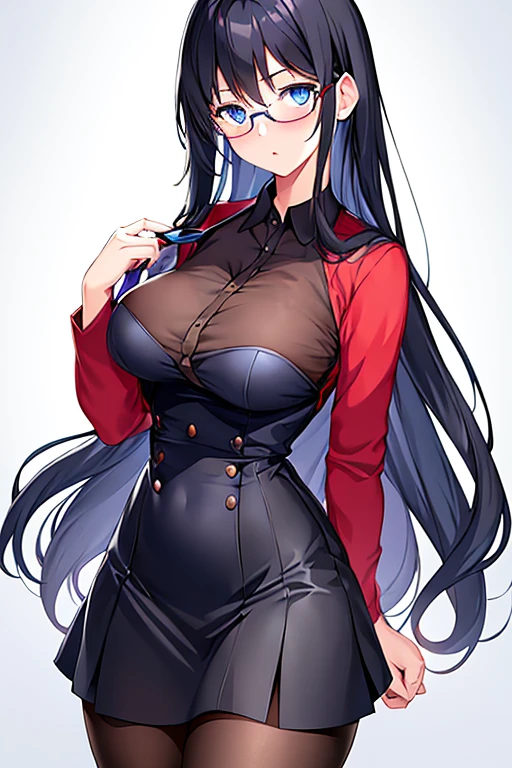 1girl, black hair, long hair, blue eyes, red glasses, glasses, blue eyes, large breasts, mature female, , black shirt, shirt, dark blue shirt, white skirt, pantyhose, shy, timid