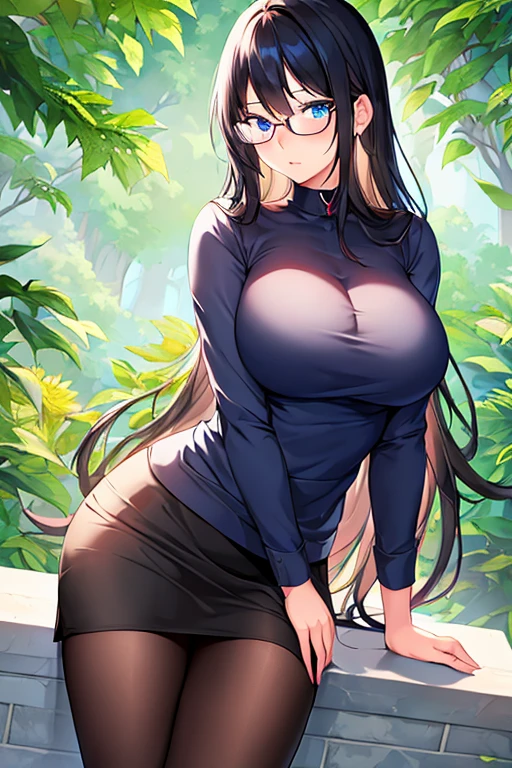 1girl, black hair, long hair, blue eyes, red glasses, glasses, blue eyes, large breasts, mature female, , black shirt, shirt, dark blue shirt, white skirt, pantyhose, shy, timid