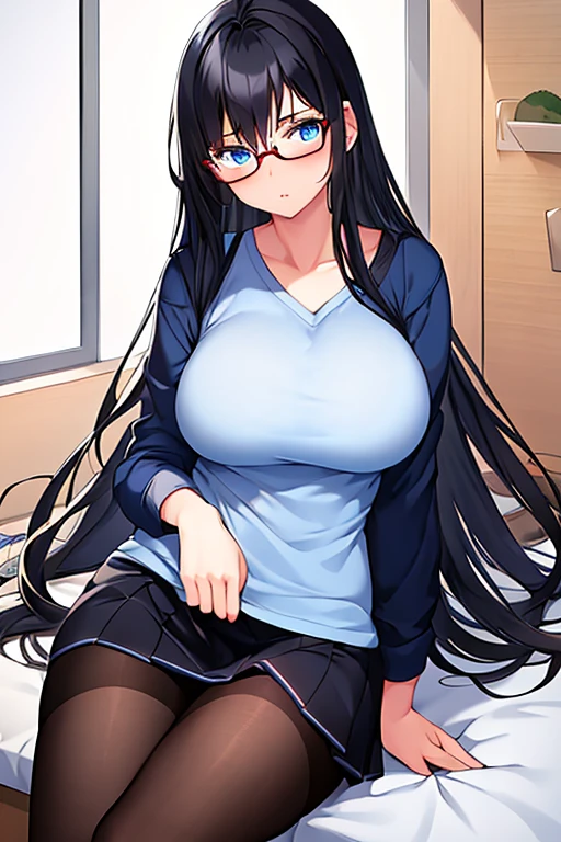 1girl, black hair, long hair, blue eyes, red glasses, glasses, blue eyes, large breasts, mature female, , black shirt, shirt, dark blue shirt, white skirt, pantyhose, shy, timid