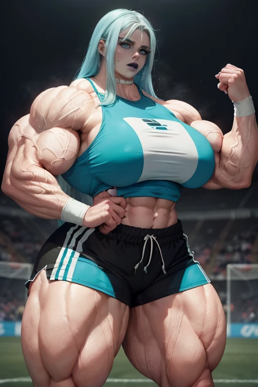 (((((Massive, tall, beautiful, sweating, pale white skinned, buff, muscular woman with cyan hair, black lipstick, ginormous bulky muscles and wearing a cyan soccer Jersey and sports shorts))))), (close view), massive muscles, massive biceps, hyper muscle shoulders, vascular shoulders, hyper muscle triceps, (long beachy hair), purple eyes, (wristbands), choker, sneakers, (in a soccer field), closed smile, night, hyper vascular arm, hyper muscles arms, hyper muscle legs, massive arms.