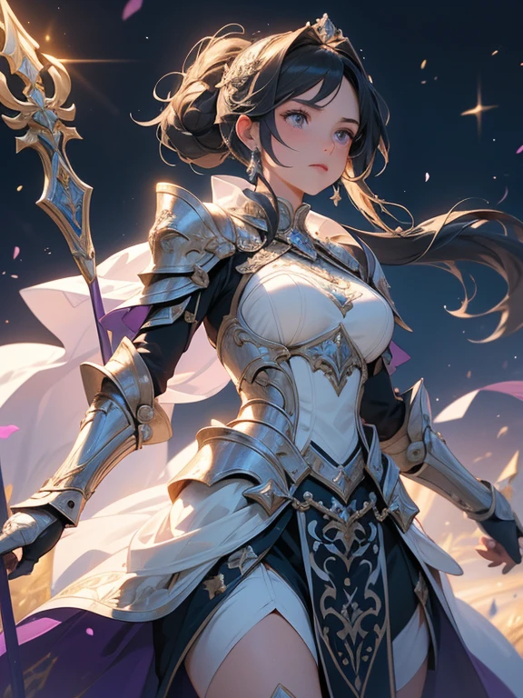 A majestic artwork of a graceful female paladin standing in a grand, medieval landscape. The full-body view reveals her adorned in exquisitely designed armor that combines elegance and strength in perfect harmony. Her armor is crafted from gleaming silver, intricately engraved with swirling patterns and symbols of protection and valor. The breastplate is adorned with delicate filigree and gem inlays, while her gauntlets and greaves feature fine, detailed etchings that catch the light with every movement. Over her shoulders, she wears an ornate cape that flows gracefully behind her, its deep purple hue contrasting beautifully with the silver of her armor.
Her long black hair is tied in a sleek ponytail, cascading down her back and adding to her regal appearance. Her eyes, a striking shade of amethyst purple, are filled with resolve and determination, exuding an aura of both beauty and strength. Her facial features are delicate yet strong, with high cheekbones and a serene expression that commands respect and admiration.
She carries a beautifully crafted shield, its surface embossed with intricate heraldic symbols and protective runes. The shield’s edges are reinforced with gold trim, adding an extra layer of elegance and durability. In her other hand, she wields a formidable mace, its head adorned with intricate engravings and inlaid with gemstones that shimmer with a soft light. The mace's design is both functional and artistic, symbolizing her role as both a warrior and a guardian.
The background features a sprawling castle with tall spires, set against a sky painted in hues of dawn, with the first light of day breaking through. Rolling hills and lush meadows stretch out before her, with a serene river winding through the landscape. Birds take flight in the early morning light, and the air is filled with a sense of peace and anticipation for the day's duties.
The paladin stands poised and ready, embodying both grace and power, a guardian of the land and a beaco