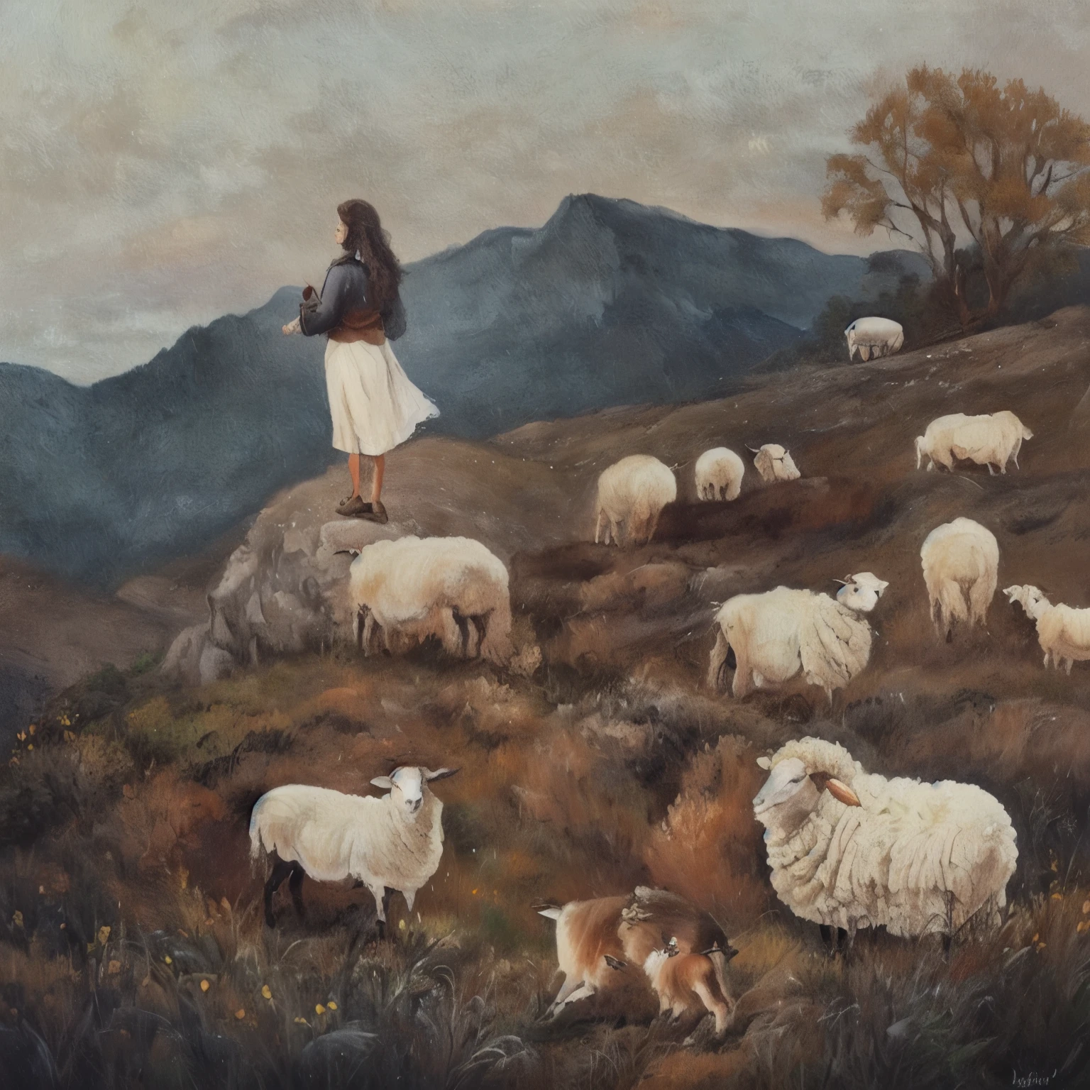 Painting of a woman standing on a hill with a sheep and a dog, Oil painting style,There are mountains in the distance,Thick oil paint
