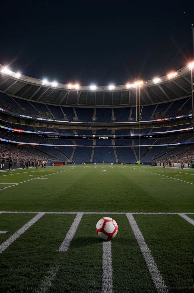 A well-lit football field in the middle of a match with the ball close to the camera and players on the field with the fans in the background at the Stadium