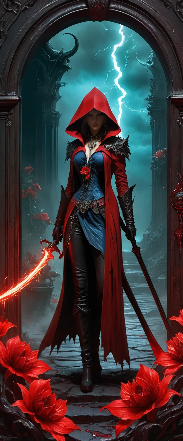 A painting of a beautiful red-robed female death standing in front of，Door of hell，Blooming bloody ghost flower，soul，Charm，frivolouystery，Reaper's Scythe ，Heavy Metal Style，Metal Art，The flowers made of iron have a metallic luster，Metal texture in the post-industrial era，Crystal Pendant，Jadeite Inlay，Carefully crafted，Perfect craftsmanship，Blue magic lightning background，Dark fantasy art，Dark fantasy concept art，Bloodborne concept art，Dark Concept Art，Dark Digital Concept Art，Dark fantasy art style，CG Society，Red Blood Art，Realistic Dark Concept Art，Concept Movies，Art in dark fantasy style，Fantasy illustration