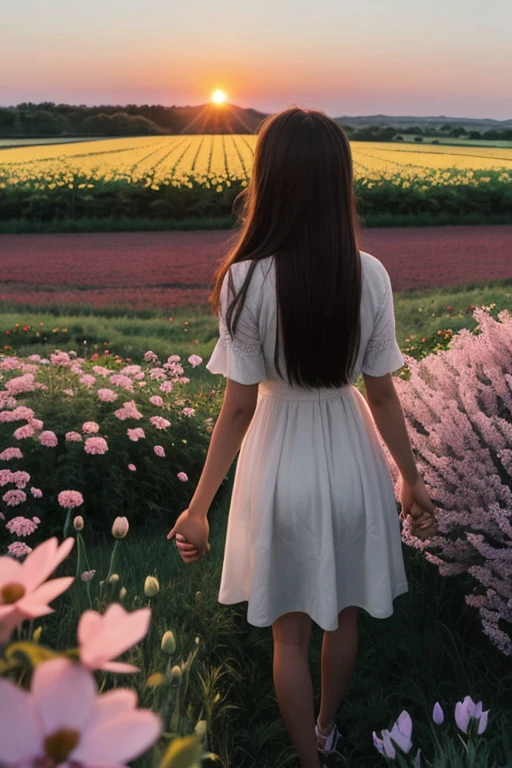 Medium height brown girl of 17 years old from behind holding hands with the spirit of a tall boy of 23 years old the two watching the sunset in a field of flowers