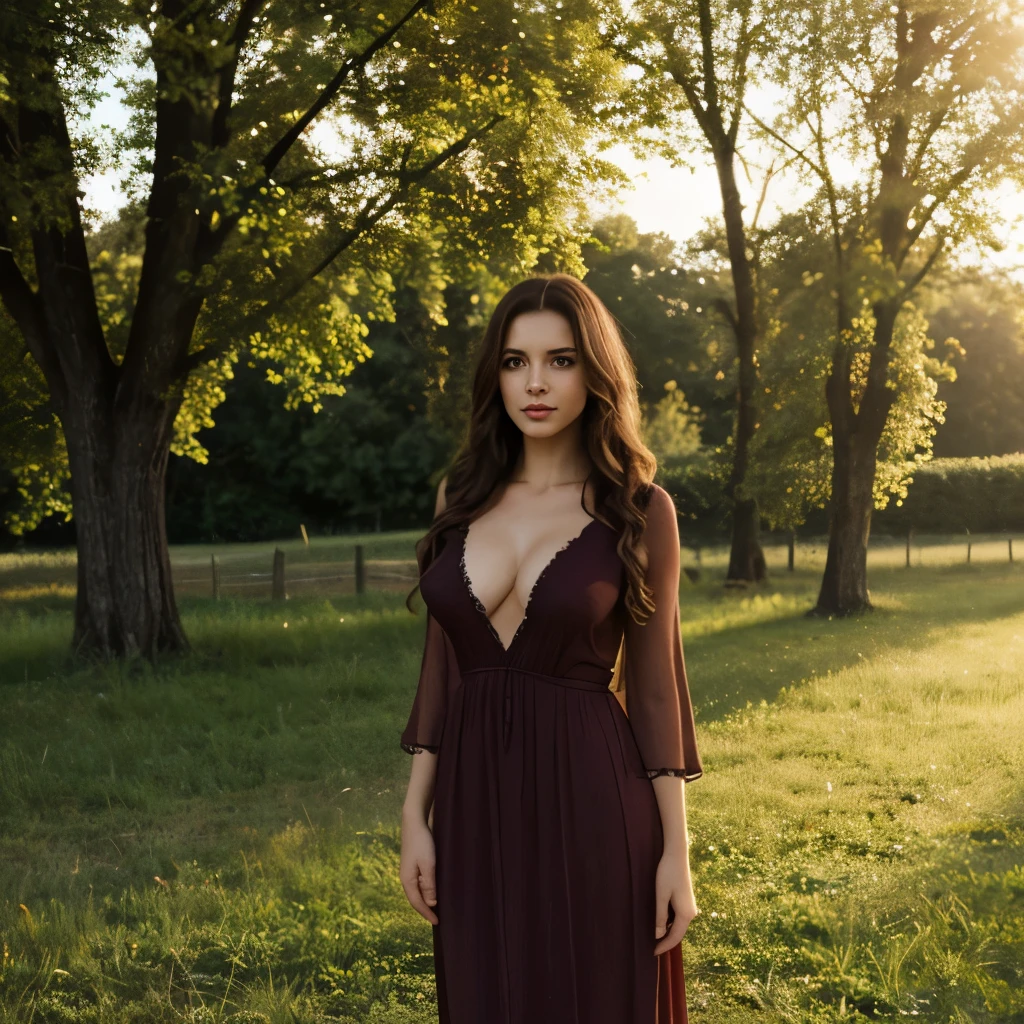 European woman, long wavy hair, one breast out of her gown, small breasts, slender, motherly, pastoral scene, 