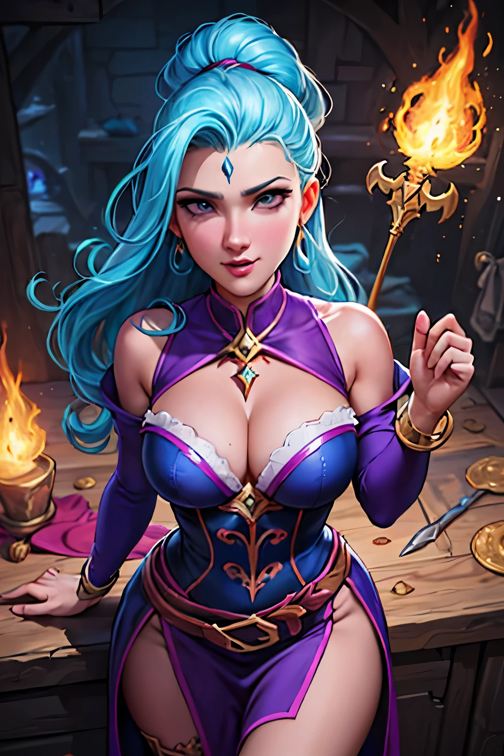 Uma excelente pintura de uma linda garota branca, flamejante, cercado por chamas, estilo de garota de fogo dota2, estilo de faca fantasma, cabelo parecido com fogo, Cabelo ruivo comprido, watery blue olhos grandes, cintura fina, quadris largos, vestes de mago, magic colors, Estilo World of Warcraft, Por Blizzard Entertainment, Ultra HD, 8K, textura de pele real, melhor luz, melhor sombra, Lina do dota2, Action, magical world, Aerial view, Boca pequena, nariz pequeno, olhos grandes, bonitinho