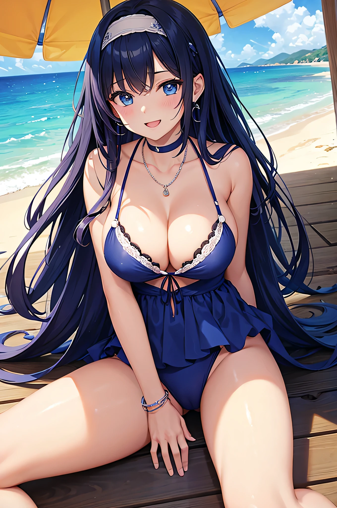 highest quality、Best image quality、masterpiece、beautiful girl、Navy blue long hair、blue eyes、Navy Blue Bikini、Big cleavage、(Big Breasts)、smile、blue necklace、Blue Earrings、background(Beach)、Sexy pose、Please open your mouth wide、White headband、Spread your legs、bracelet