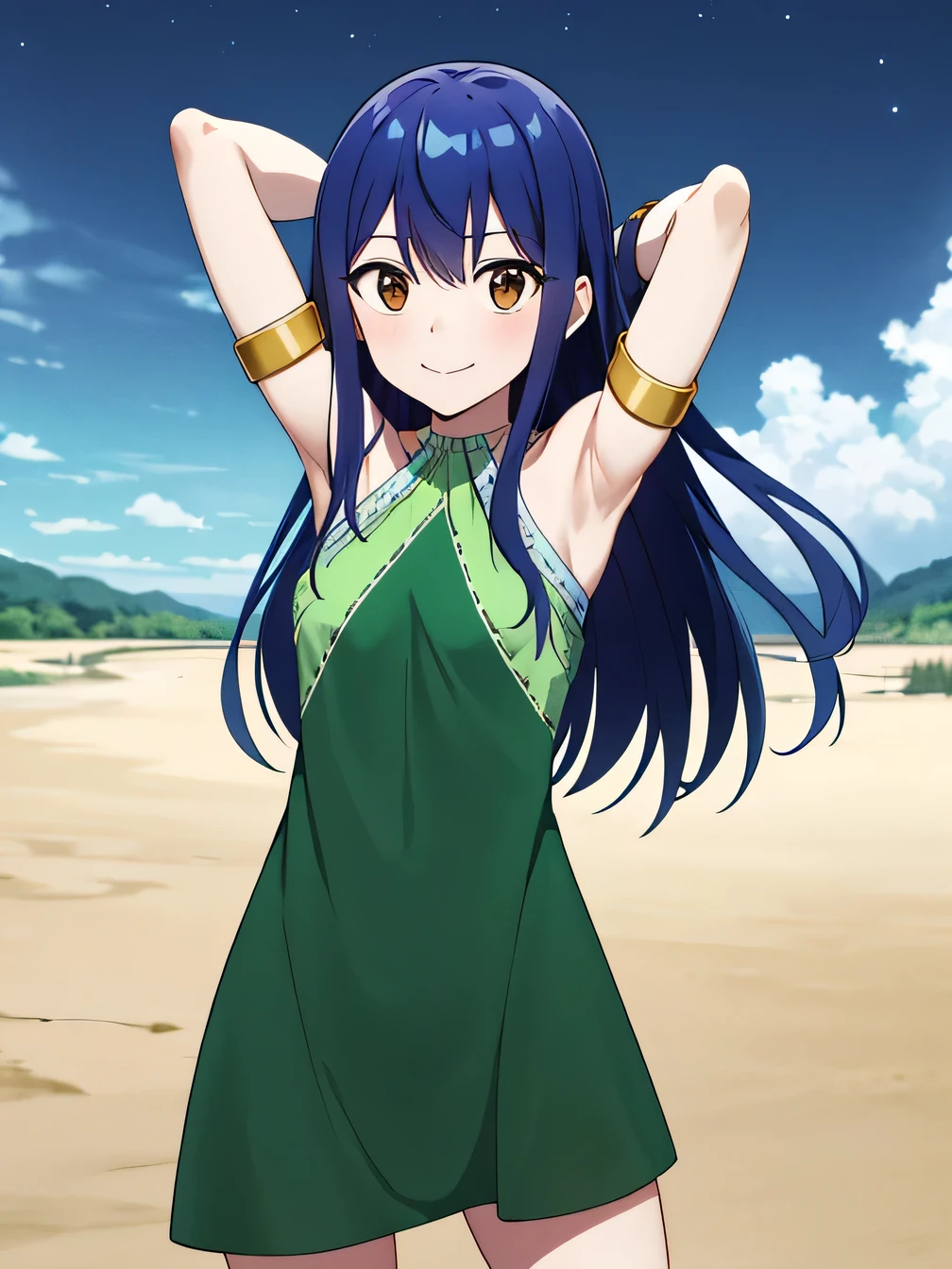 masterpiece, best quality, highres, aawendy, long hair, bare shoulders, green dress, sleeveless dress, armlet, bracelet, looking at viewer, solo, contrapposto, spread armpit, arms behind head, smile, looking at viewer, (cowboy shot:1.5), closed mouth, night sky, beach,