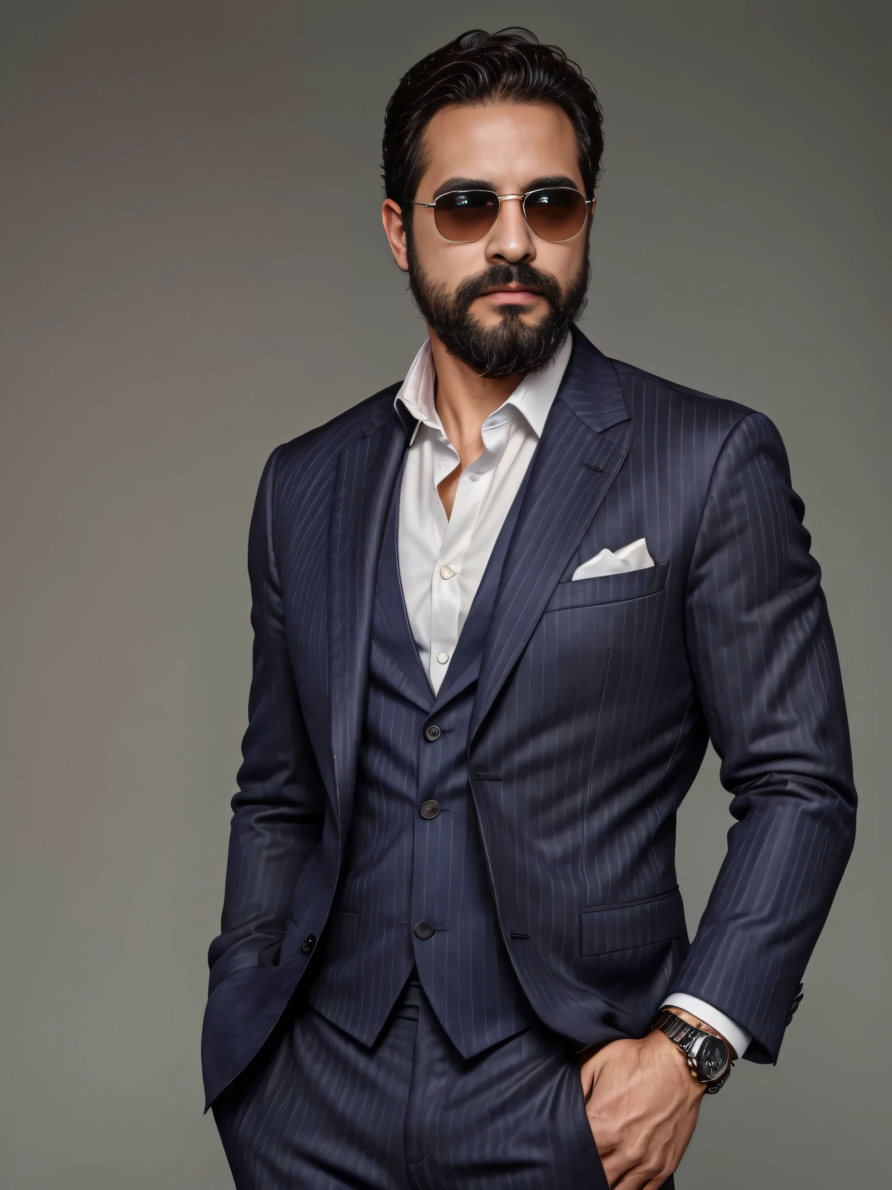 A 38-year-old man with a neatly groomed beard and stylish sunglasses. He is dressed in an elegant, tailored suit, featuring a sharp blazer and a crisp dress shirt. The blazer is a deep navy blue with subtle pinstripes, and the shirt is a classic white with a slight sheen. He wears a pocket square that matches the blazer, adding a touch of sophistication. The man is also wearing a sleek, silver wristwatch. His hair is neatly styled, complementing his overall polished look. The background is blurred to keep the focus on the man's upper body, capturing his confident and refined appearance. The image should be a medium shot, highlighting the man's upper body in great detail.