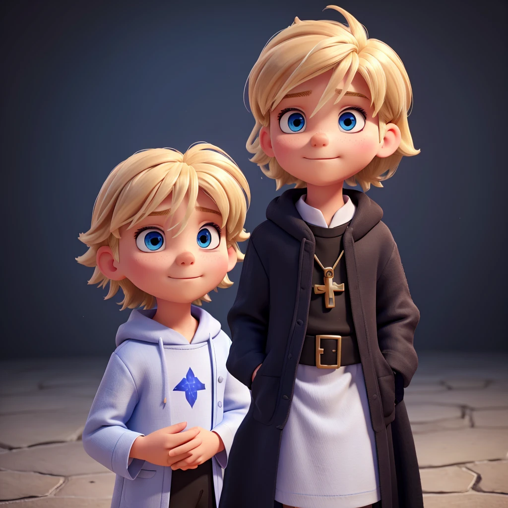 create a blond children with combed up hair with big blue eyes in black priest clothing, between 8  he is alone in the image