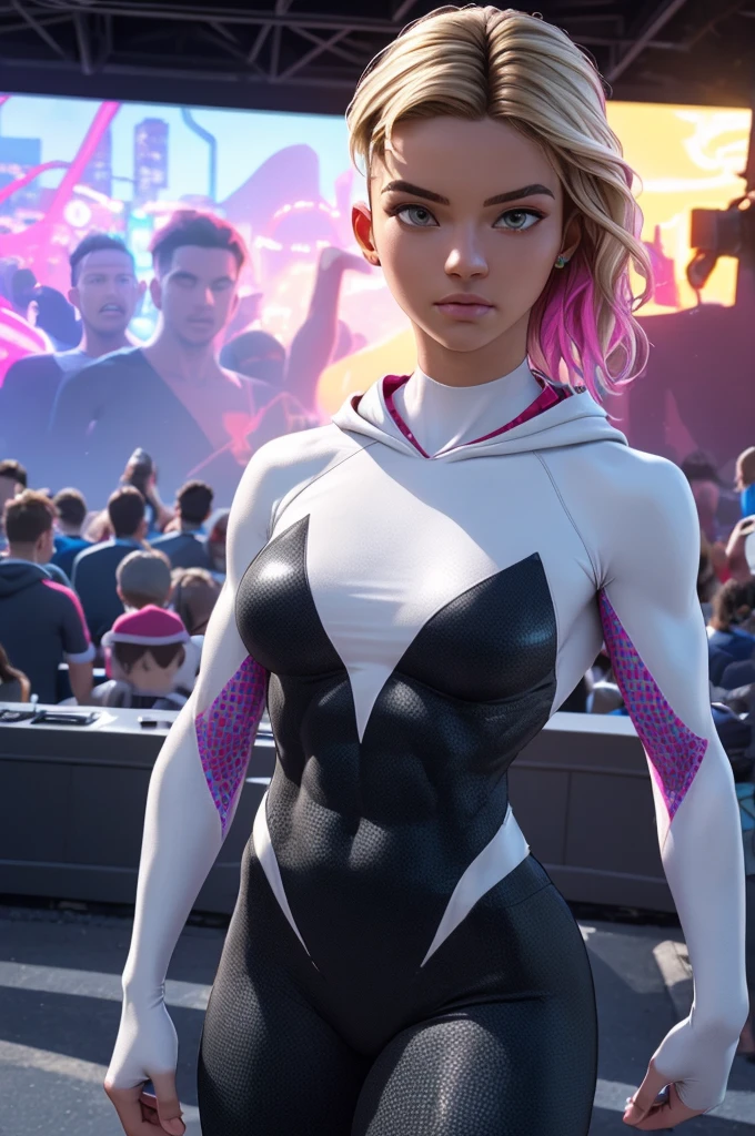 (ultra realistic,32k, masterpiece:1.2), (high detailed skin:1.1), (8k uhd, dslr, high quality:1.1), Gwen, (thin body:1.0), lean body, skinny body, fitness model physique, sexy, slutty, undercut, blonde, multicolored hair, bodysuit, web-print, hood down, (perky breast:1.0), (looking at viewer, Bend forward:1.1), (glow in the dark:1.1), A musical concert environment