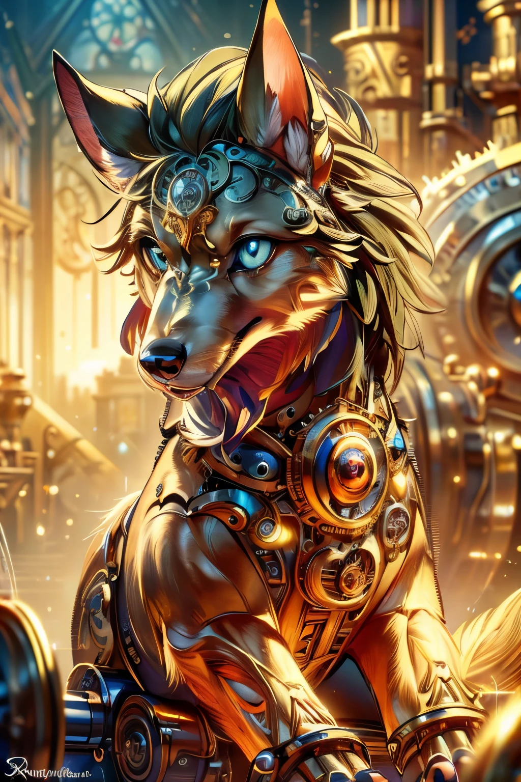 (Masterpiece, Committed to ultra-high definition and vivid colors, Super detailed, Attention to detail, highest quality, 8K, 16K, Exquisite detail, A style that combines romanticism and realism, High resolution, Perfect Anatomy), Wolf, steampunk, Illustration of intricate gears, in focus with blurred background