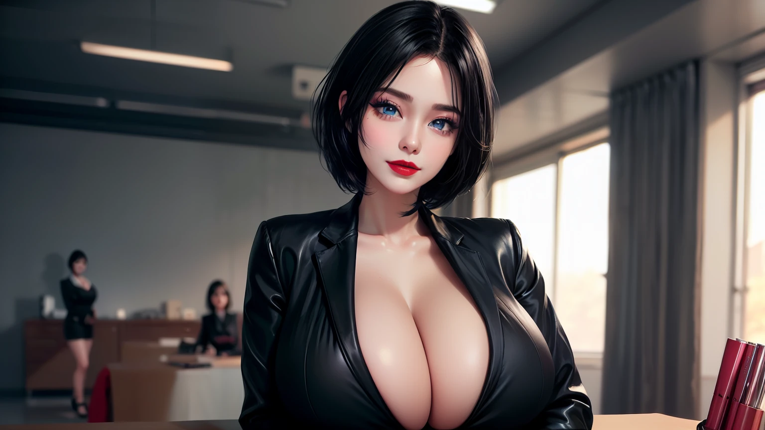 ((35 year old mature woman)),(((black formal suit for women))),((((whole body 1 girl))),(blue eyes)),(Very Intense Makeup)), smiling, ((red lipstick)),((woman in makeup)), short hair, black hair,(((huge breasts))),,(((huge breasts))),((cleavage,))),office room,extremely realistic female eye,(((solamente))),cuerpo perfecto,manos perfectas,cara perfecta,
