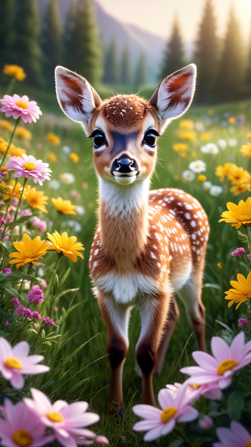 hyperrealistic glamour photo of a cute  deer surrounded by beautiful flowers in a meadow, beautiful eyes, sunlight, (high quality:1.2), extremely detailed fur, masterpiece, best quality, photograph, dreamlike, face focus, intricate details, sharp focus, photography, photorealism, photorealistic, soft focus, volumetric light, (), (intricate details), (hyperdetailed), high detailed, lot of details, high quality, soft cinematic light, dramatic atmosphere, atmospheric perspective, raytracing, subsurface scattering,