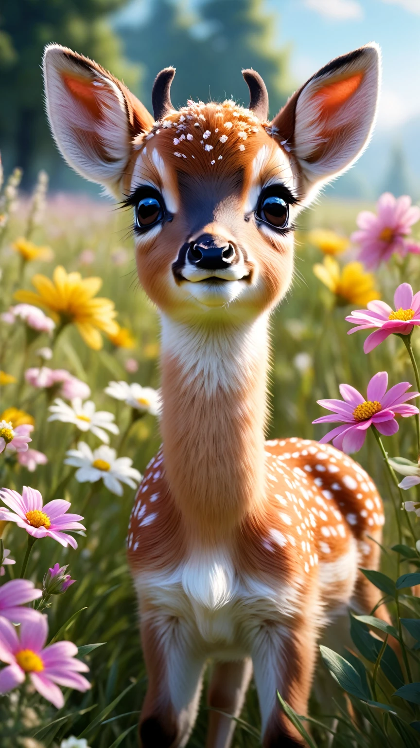 hyperrealistic glamour photo of a cute  deer surrounded by beautiful flowers in a meadow, beautiful eyes, sunlight, (high quality:1.2), extremely detailed fur, masterpiece, best quality, photograph, dreamlike, face focus, intricate details, sharp focus, photography, photorealism, photorealistic, soft focus, volumetric light, (), (intricate details), (hyperdetailed), high detailed, lot of details, high quality, soft cinematic light, dramatic atmosphere, atmospheric perspective, raytracing, subsurface scattering,