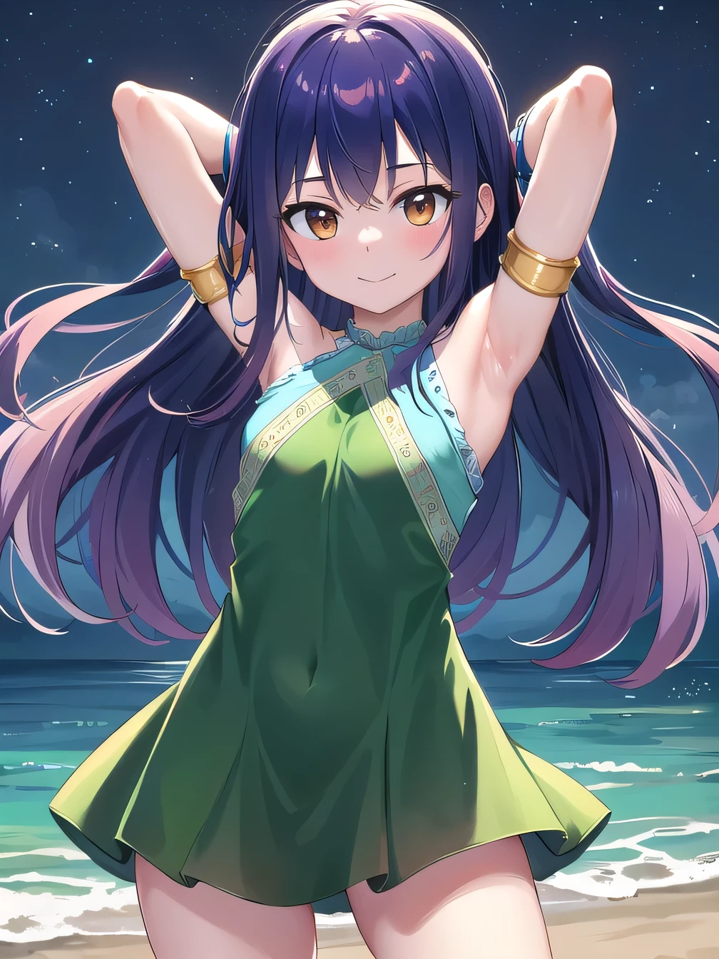 masterpiece, best quality, highres, aawendy, long hair, bare shoulders, green dress, sleeveless dress, armlet, bracelet, looking at viewer, solo, contrapposto, spread armpit, arms behind head, smile, looking at viewer, (cowboy shot:1.5), closed mouth, night sky, beach,