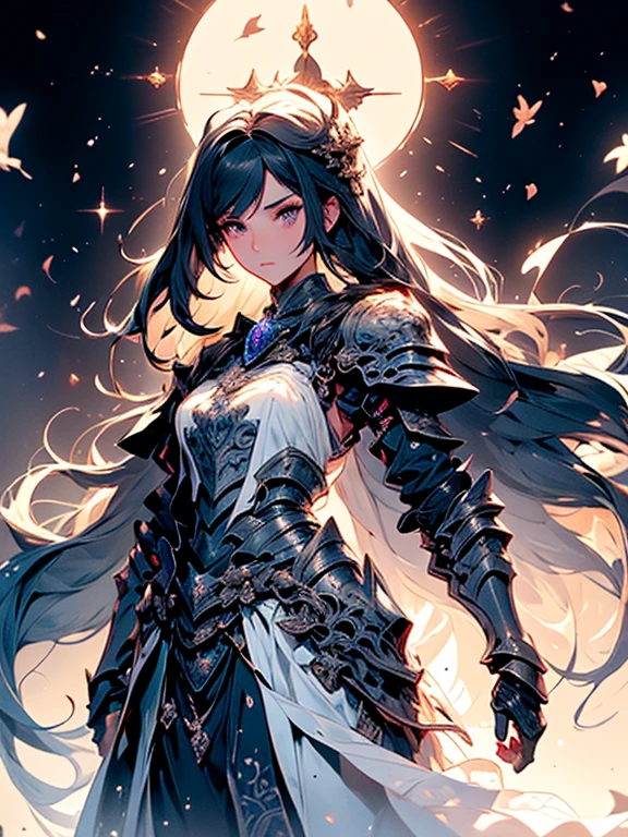 A majestic artwork of a graceful female paladin standing in a grand, medieval landscape. The full-body view reveals her adorned in exquisitely designed armor that combines elegance and strength. Her gleaming silver armor is intricately engraved with swirling patterns and symbols of protection and valor. The breastplate features delicate filigree and gem inlays, while her gauntlets and greaves are finely etched, catching the light with every movement. She wears an ornate, deep purple cape that flows gracefully behind her.

Her long black hair is tied in a sleek ponytail, cascading down her back, complementing her regal appearance. Her striking amethyst purple eyes, filled with resolve and determination, enhance her beauty and strength. She carries a beautifully crafted shield, embossed with intricate heraldic symbols and protective runes, its edges reinforced with gold trim. In her other hand, she wields a formidable mace, adorned with intricate engravings and inlaid gemstones that shimmer softly.

The background features a sprawling castle with tall spires against a dawn sky. Rolling hills and lush meadows stretch out before her, with a serene river winding through the landscape. Birds take flight in the early morning light, enhancing the sense of peace and anticipation.

The paladin stands poised and ready, embodying both grace and power, a guardian of the land and a beacon of hope for all who gaze upon her. Her presence is commanding and inspiring, a true paragon of beauty and strength.